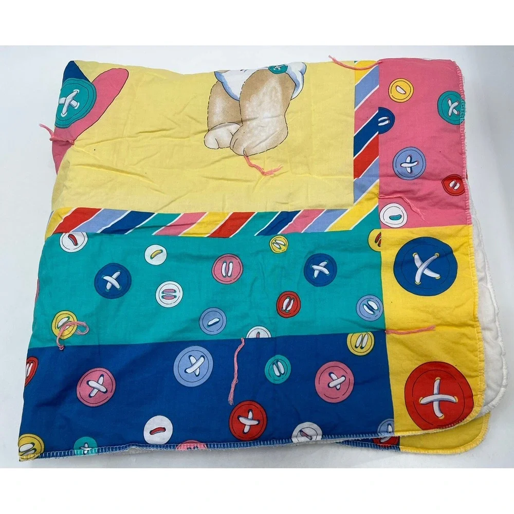 Vintage Baby Blanket Quilt Rocking Horse Teddy Bear Button Yellow Blue